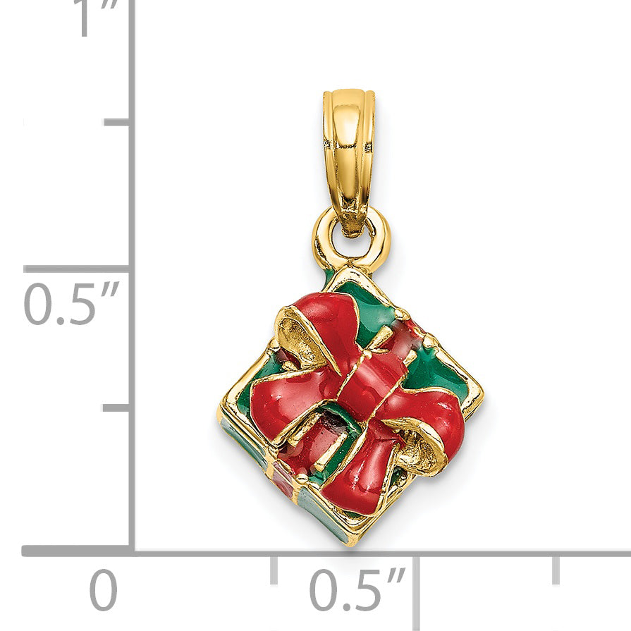 14K 3-D w/Enamel Green Gift Box w/Red Bow Charm