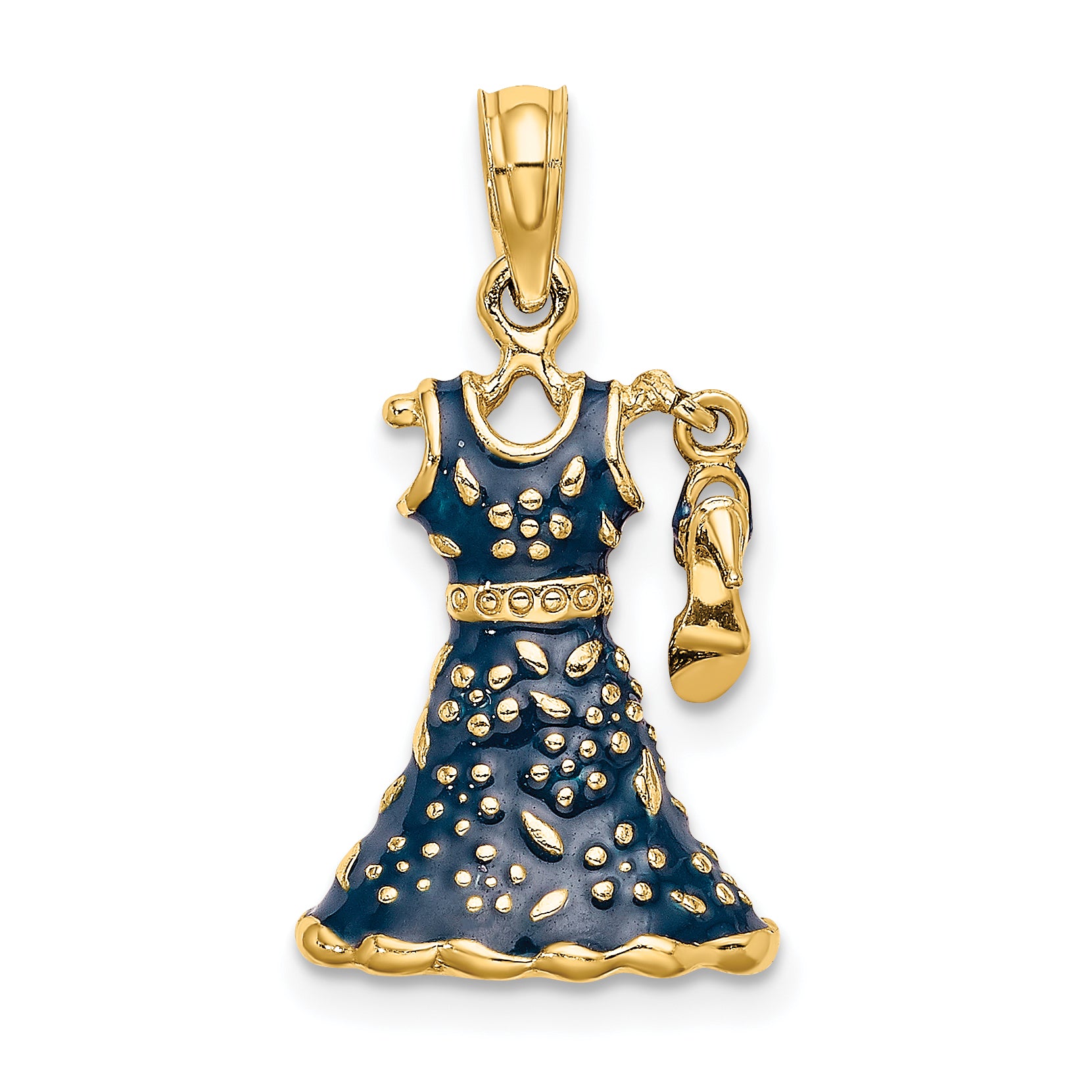 14K 3-D Moveable Enamel Blue Floral Dress w/ Shoe Charm