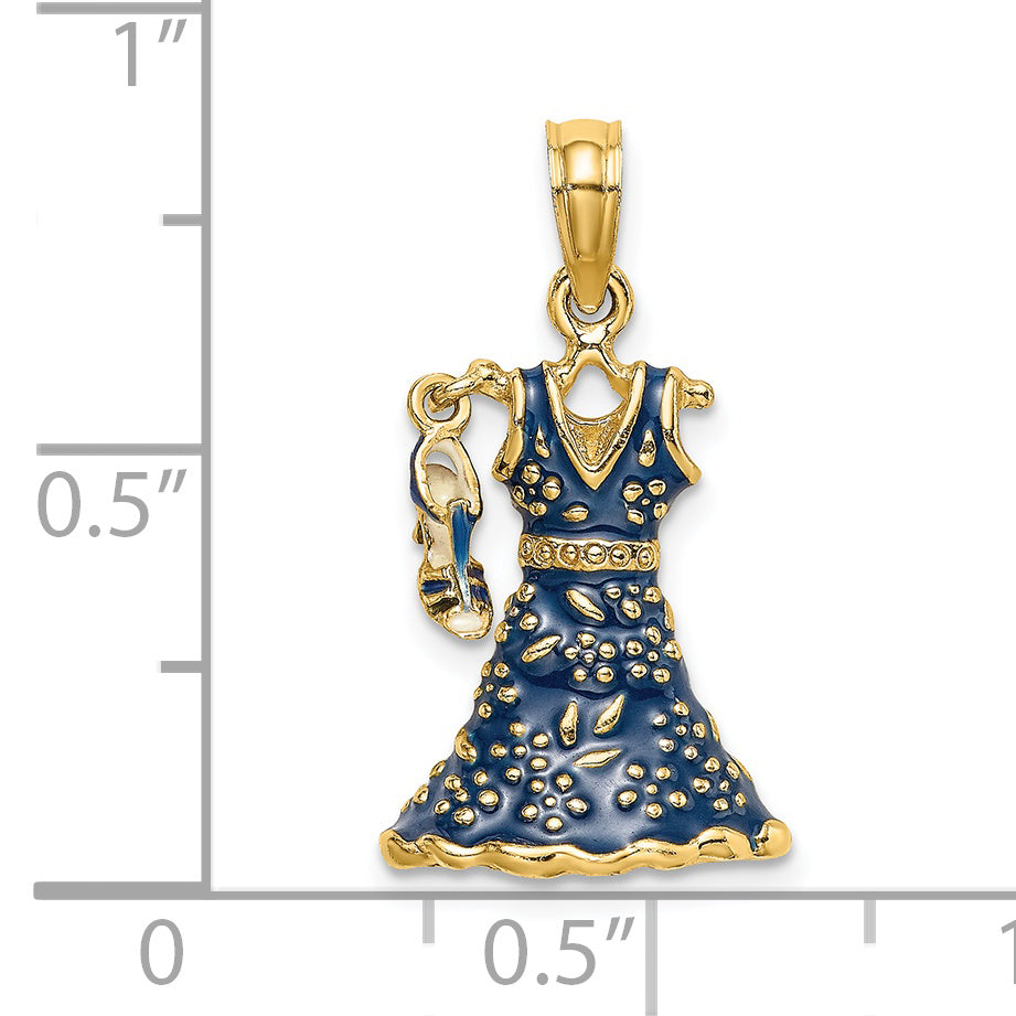 14K 3-D Moveable Enamel Blue Floral Dress w/ Shoe Charm