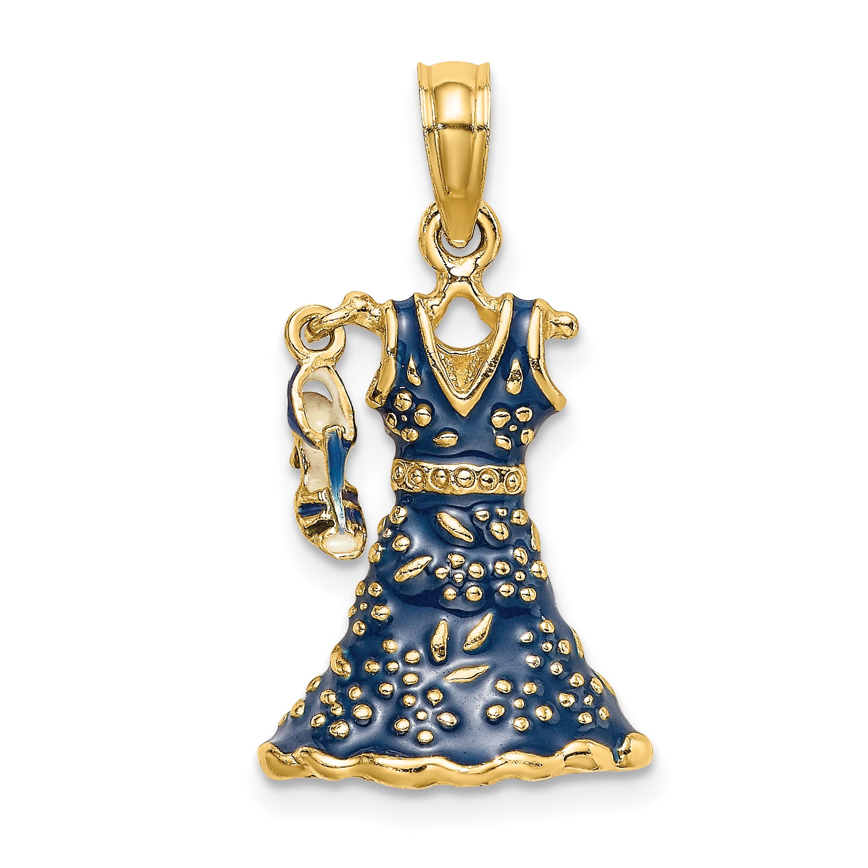 14K 3-D Moveable Enamel Blue Floral Dress w/ Shoe Charm