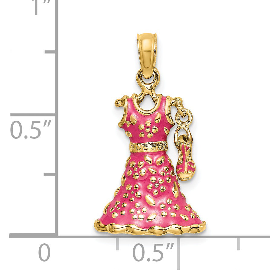 14K 3-D Moveable Enamel Pink Floral Dress w/ Shoe Charm