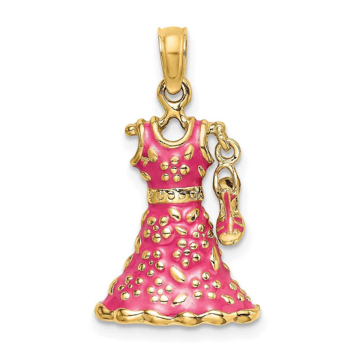 14K 3-D Moveable Enamel Pink Floral Dress w/ Shoe Charm