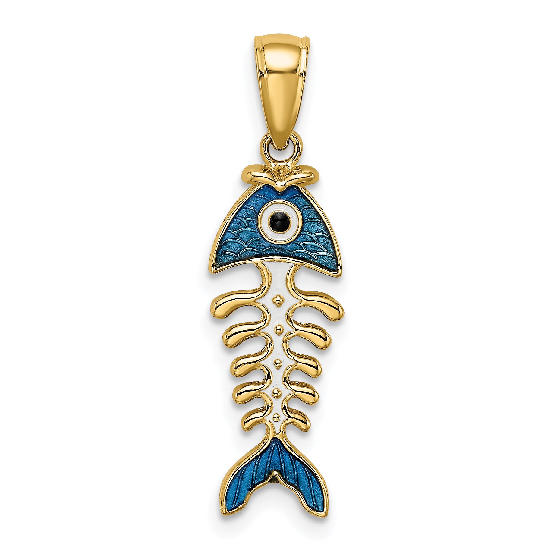 14k 3D  Blue Enamel Fish Bone Charm