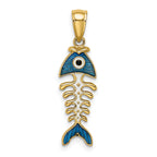 14k 3D  Blue Enamel Fish Bone Charm