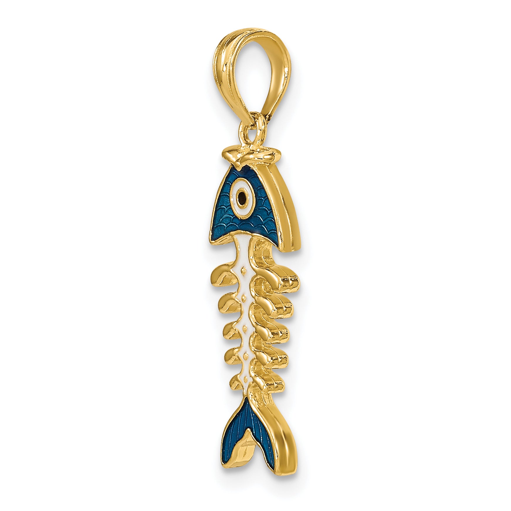 14k 3D  Blue Enamel Fish Bone Charm