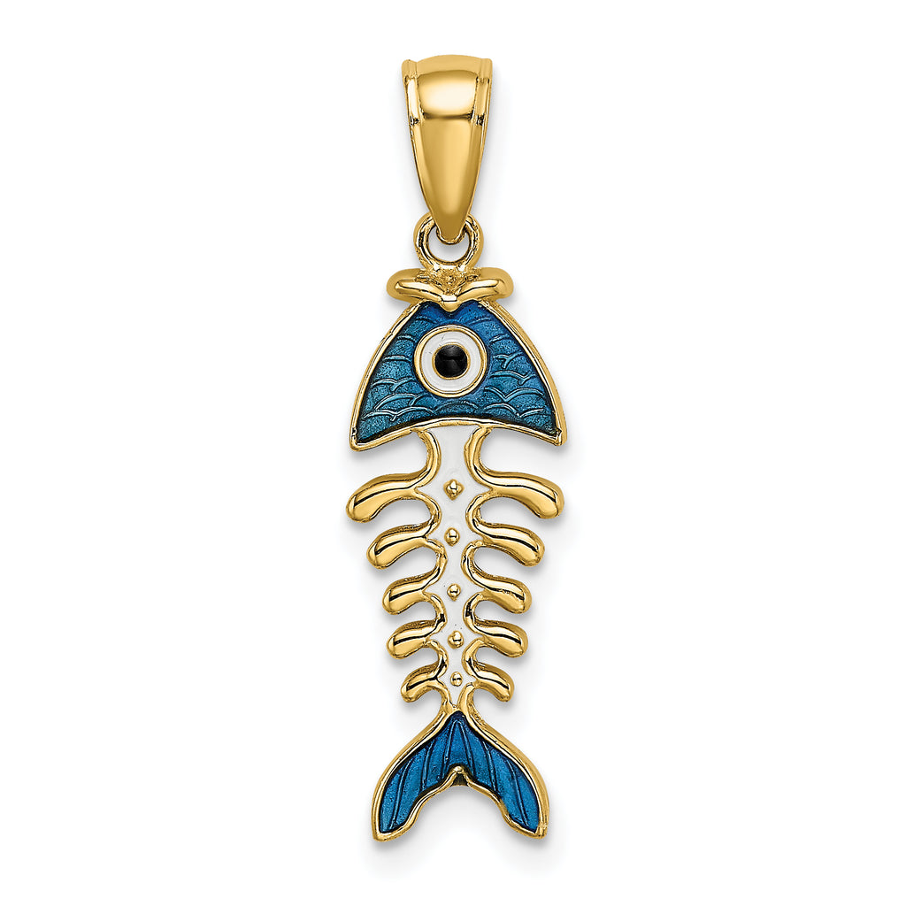 14k 3D  Blue Enamel Fish Bone Charm