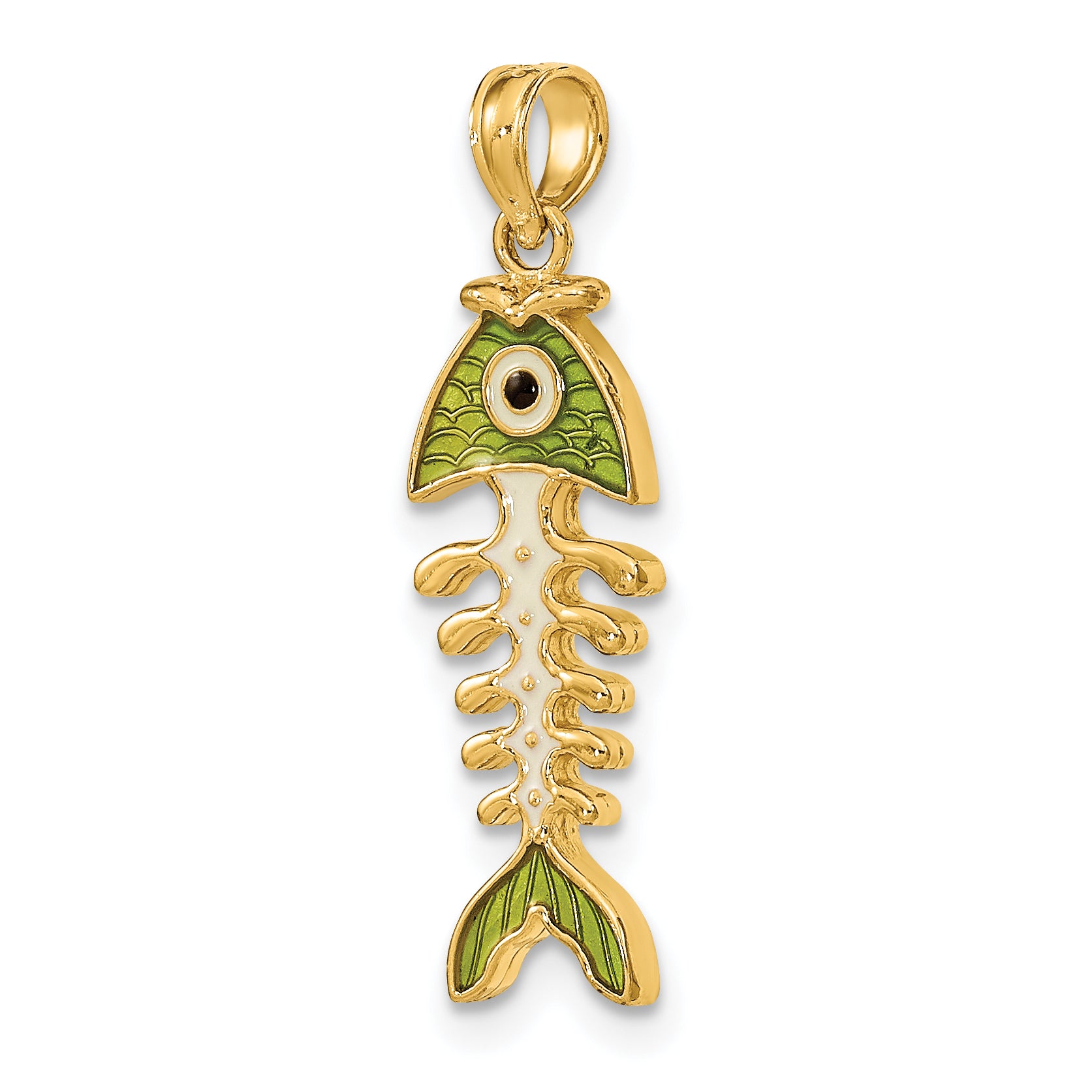 14k 3D  Green Enamel Fish Bone Charm