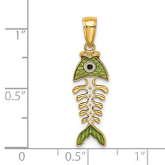 14k 3D  Green Enamel Fish Bone Charm