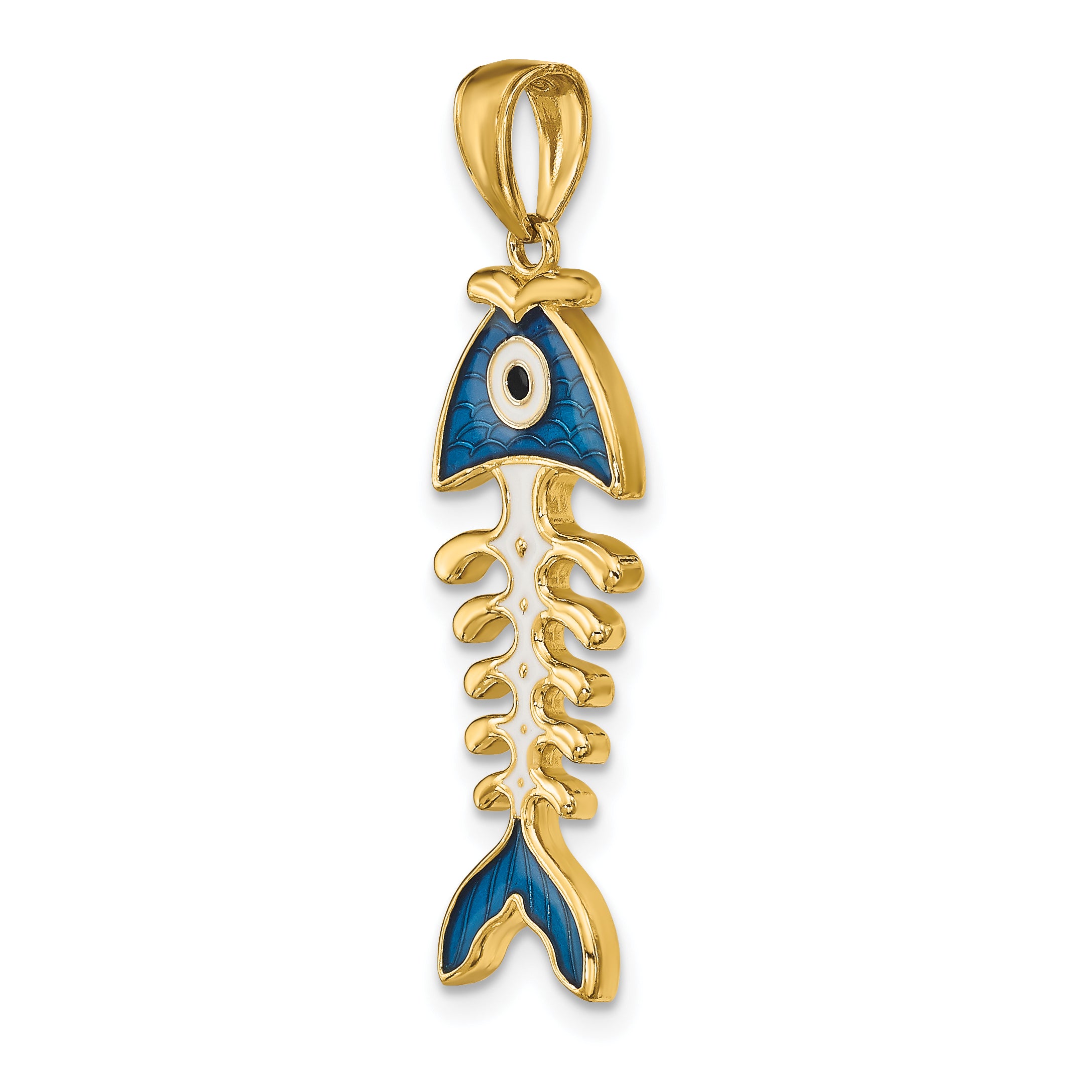 14k 3D  Blue Enamel Fish Bone Pendant