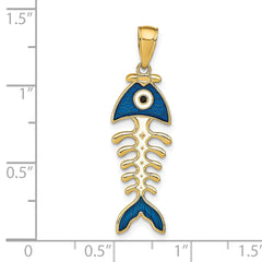 14k 3D  Blue Enamel Fish Bone Pendant