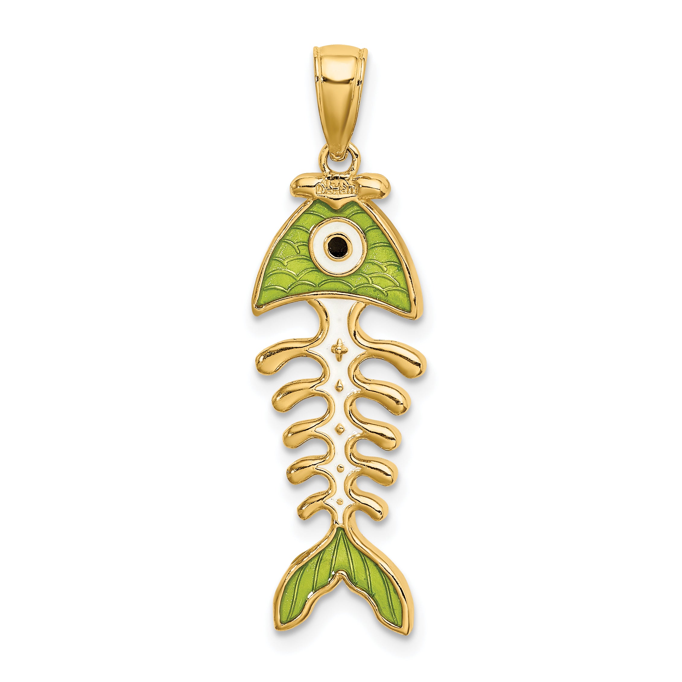 14k 3D  Green Enamel Fish Bone Charm