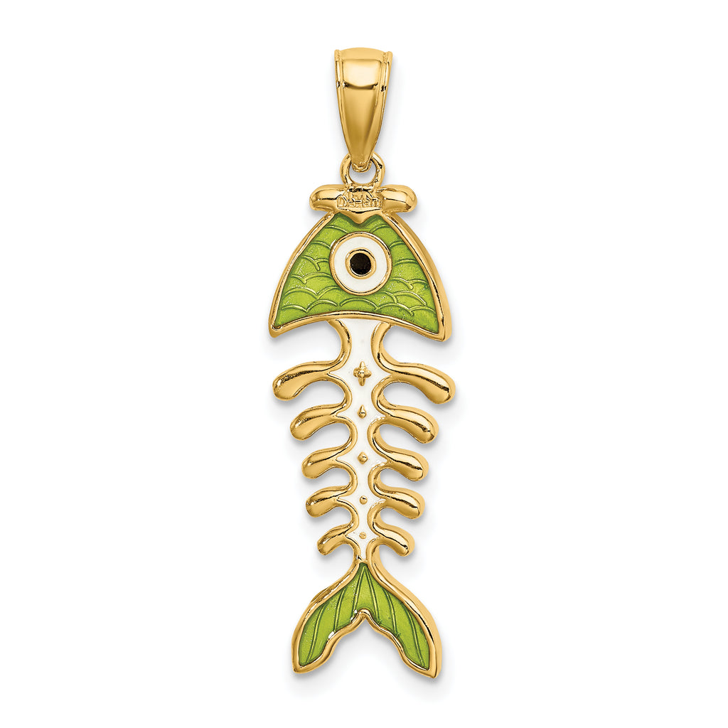 14k 3D  Green Enamel Fish Bone Charm