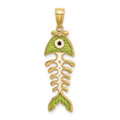 14k 3D  Green Enamel Fish Bone Charm