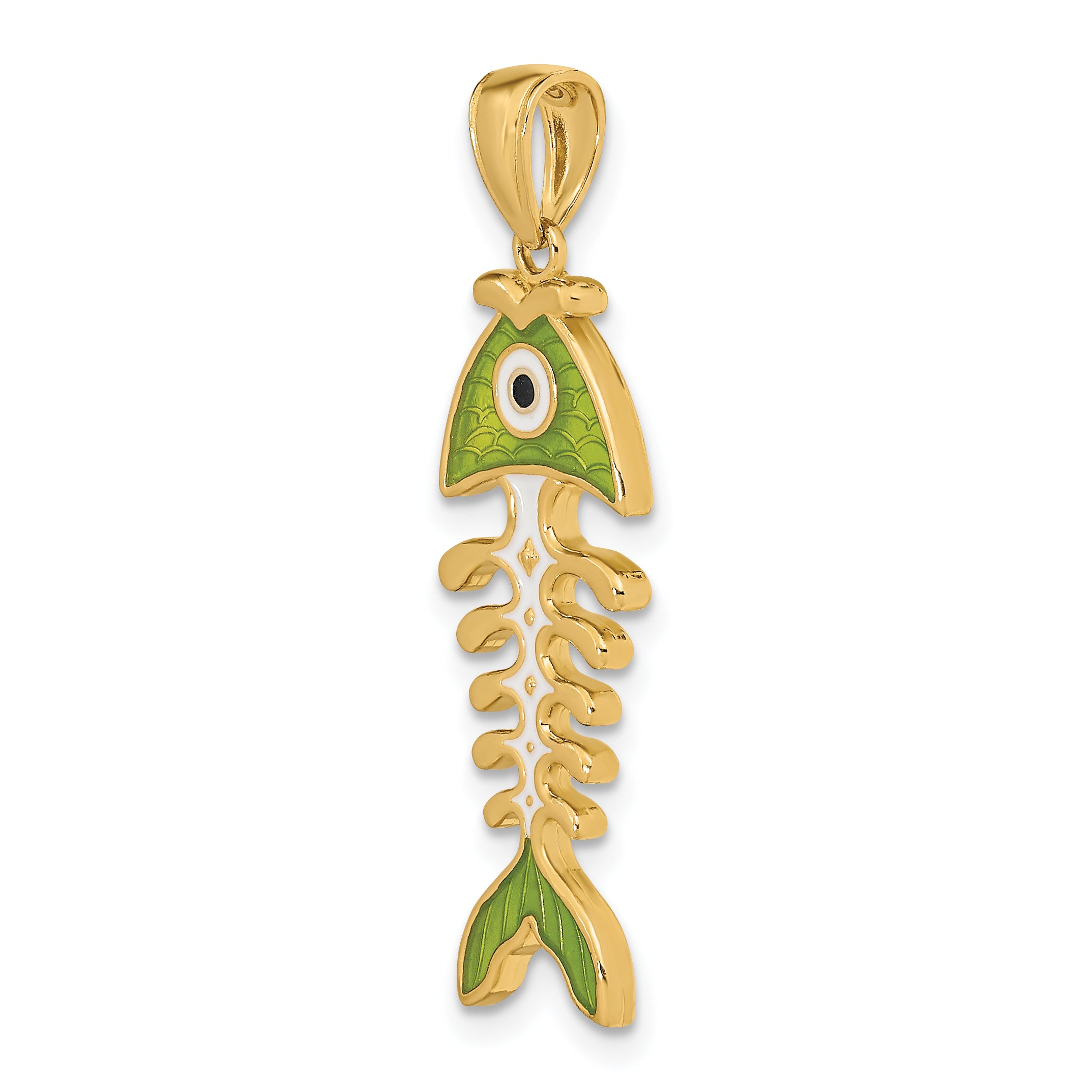 14k 3D  Green Enamel Fish Bone Charm