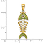 14k 3D  Green Enamel Fish Bone Charm