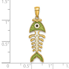 14k 3D  Green Enamel Fish Bone Charm