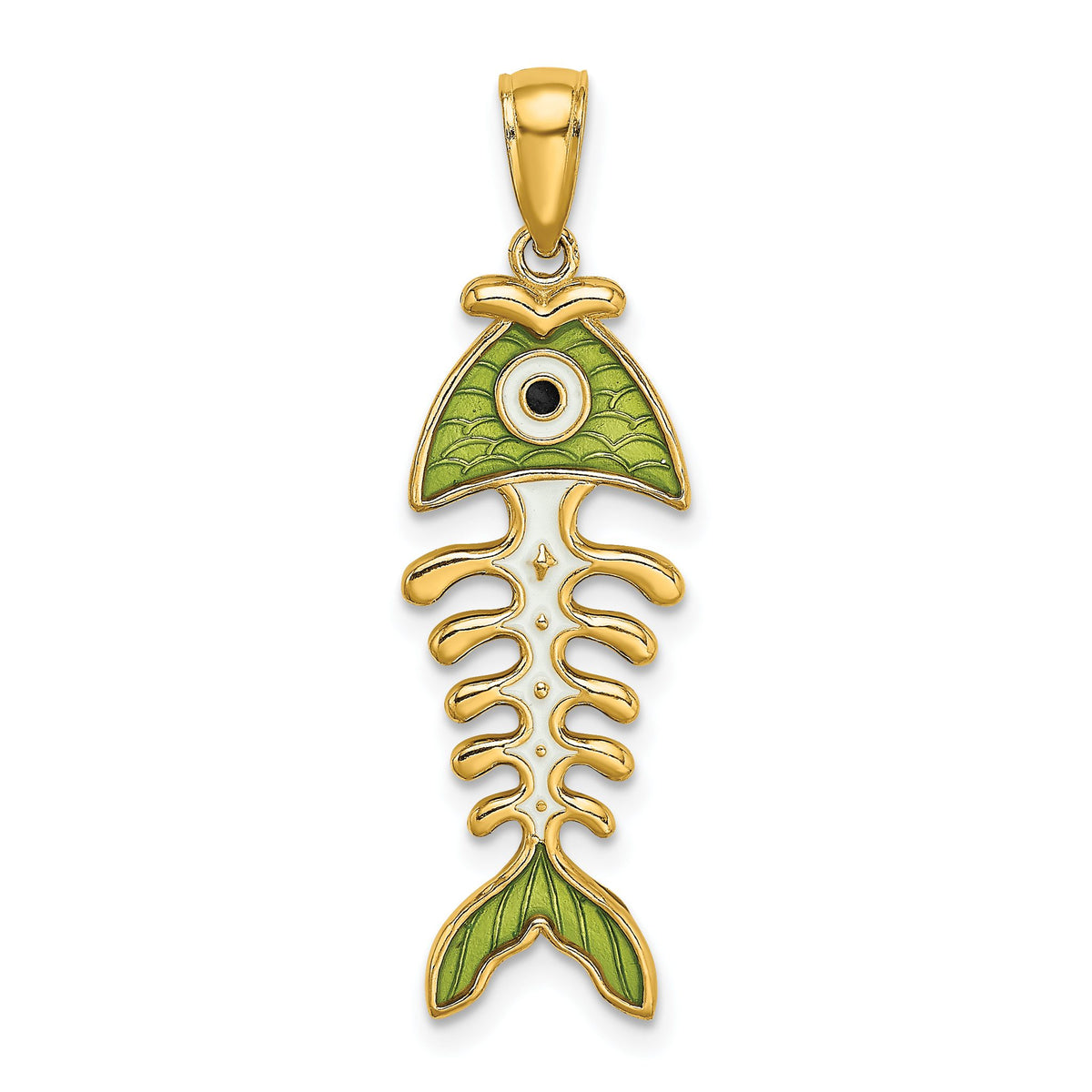 Fish Bone Charm in 14K Yellow Gold with Green Enamel, 33mm - Sophia Jewelers Main image