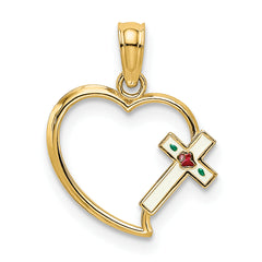14K Enamel Cross and Heart Charm