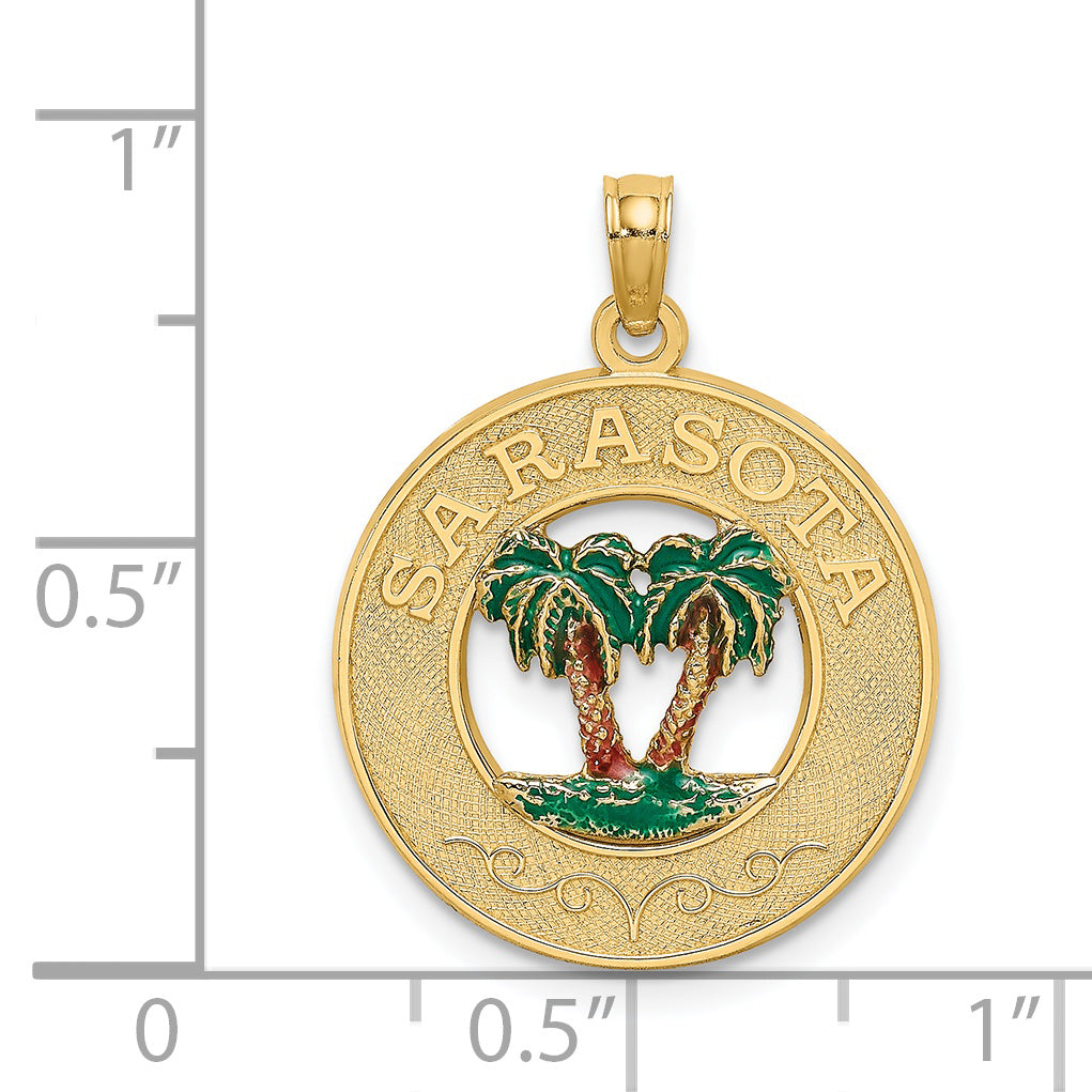 14K w/ Enamel SARASOTA Circle Palm Tree Charm