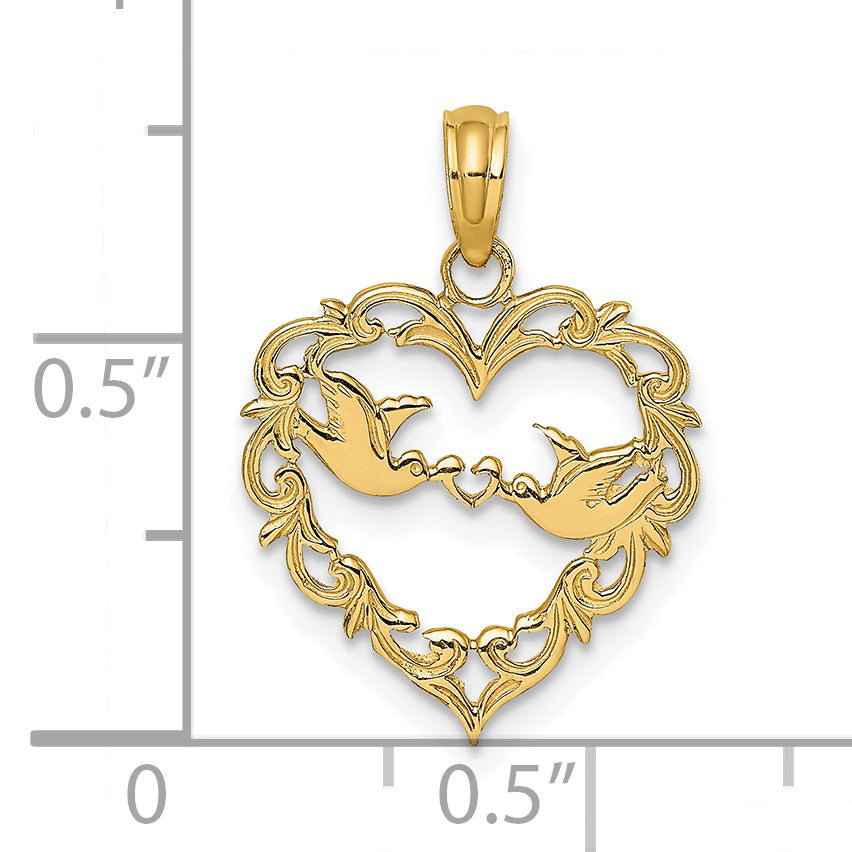 14K Polished Love Birds in Heart Pendant