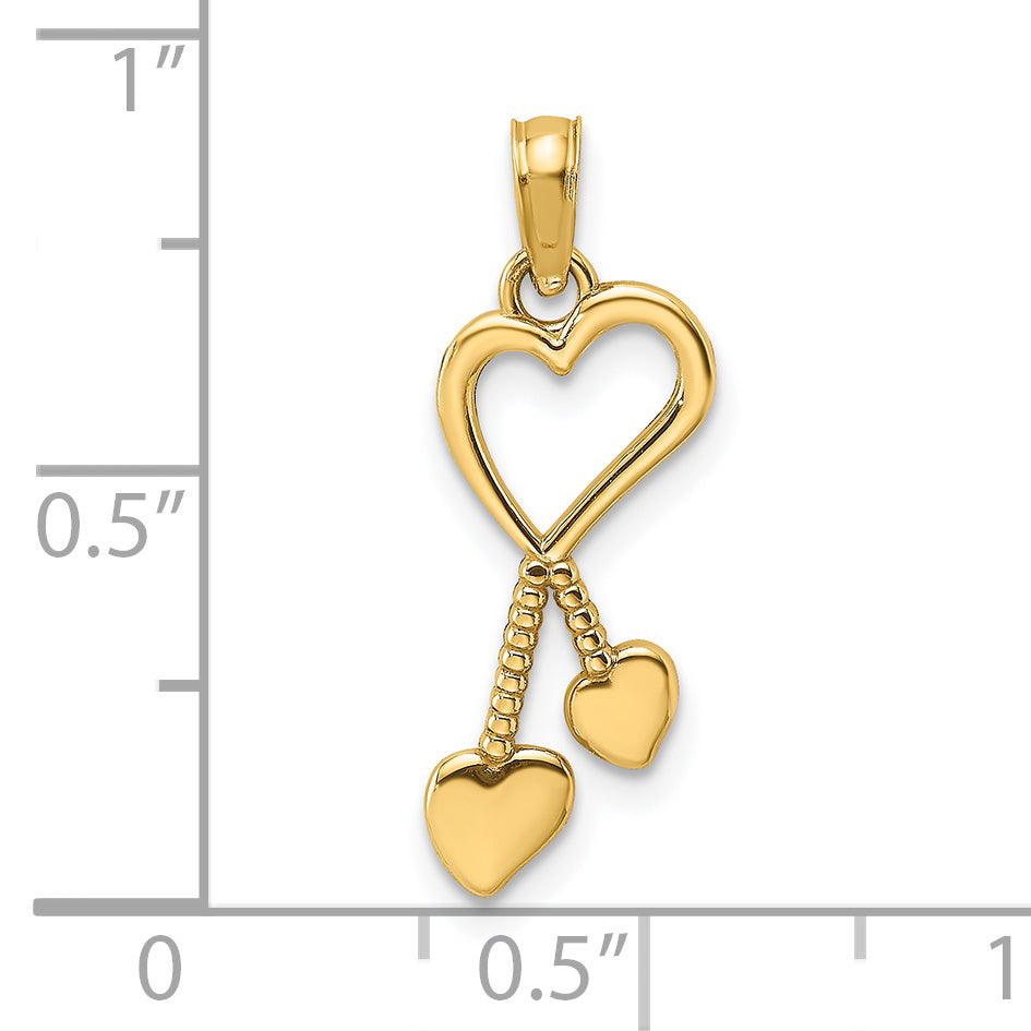 14K Polished Heart w/ Double Heart Tassle Charm