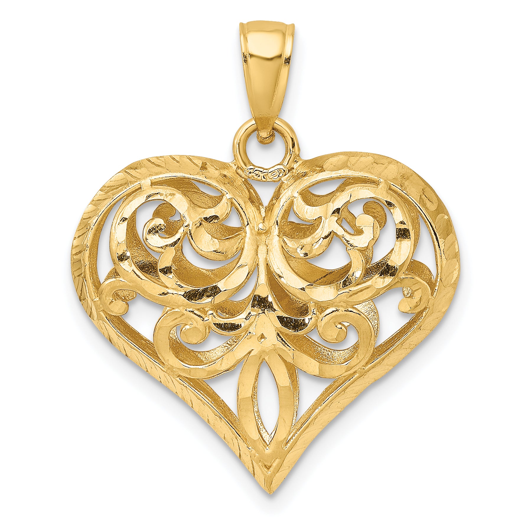 14K 3-D Diamond-cut Filigree Puffed Heart Charm