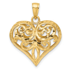 14K 3-D Diamond-cut Filigree Puffed Heart Charm