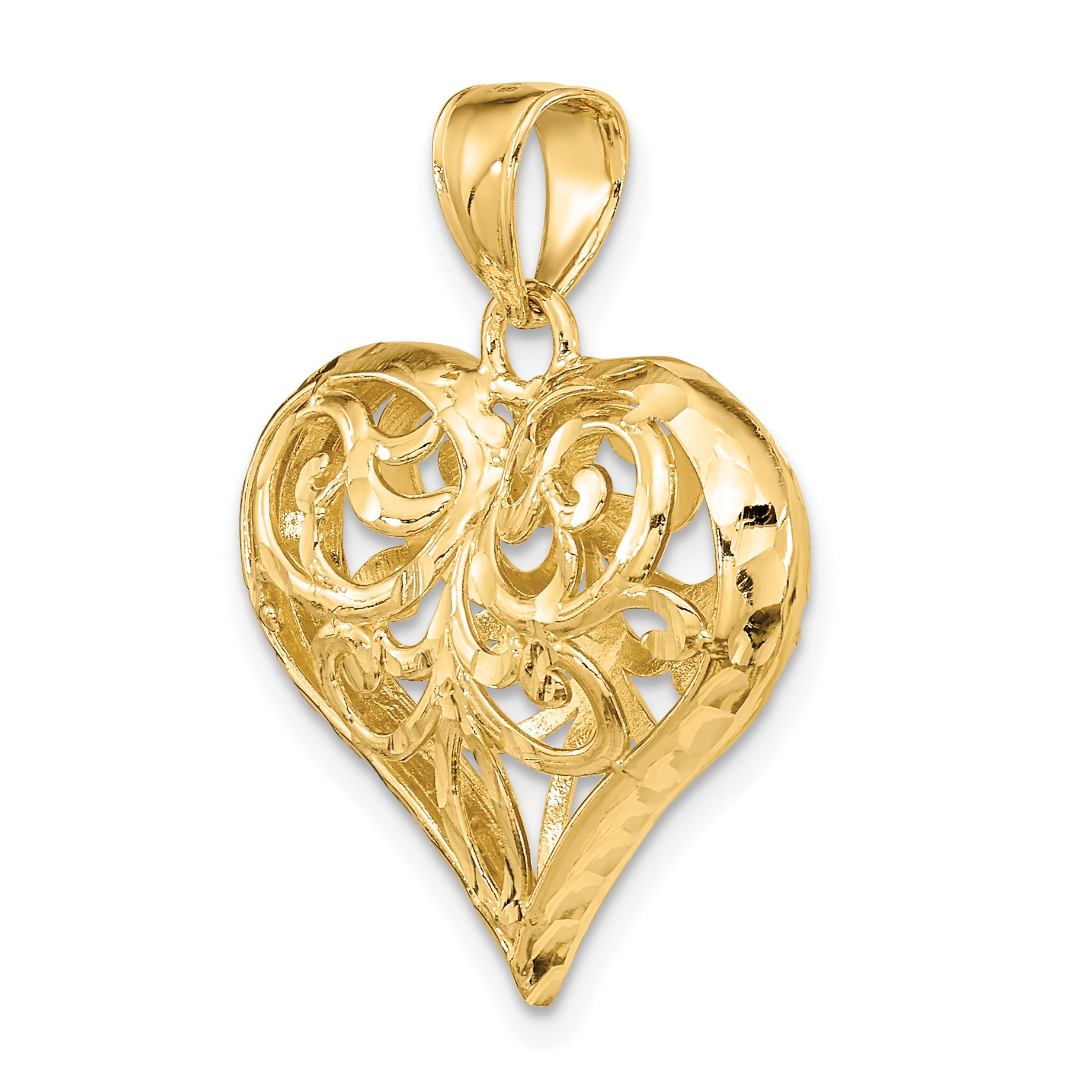 14K 3-D Diamond-cut Filigree Puffed Heart Charm