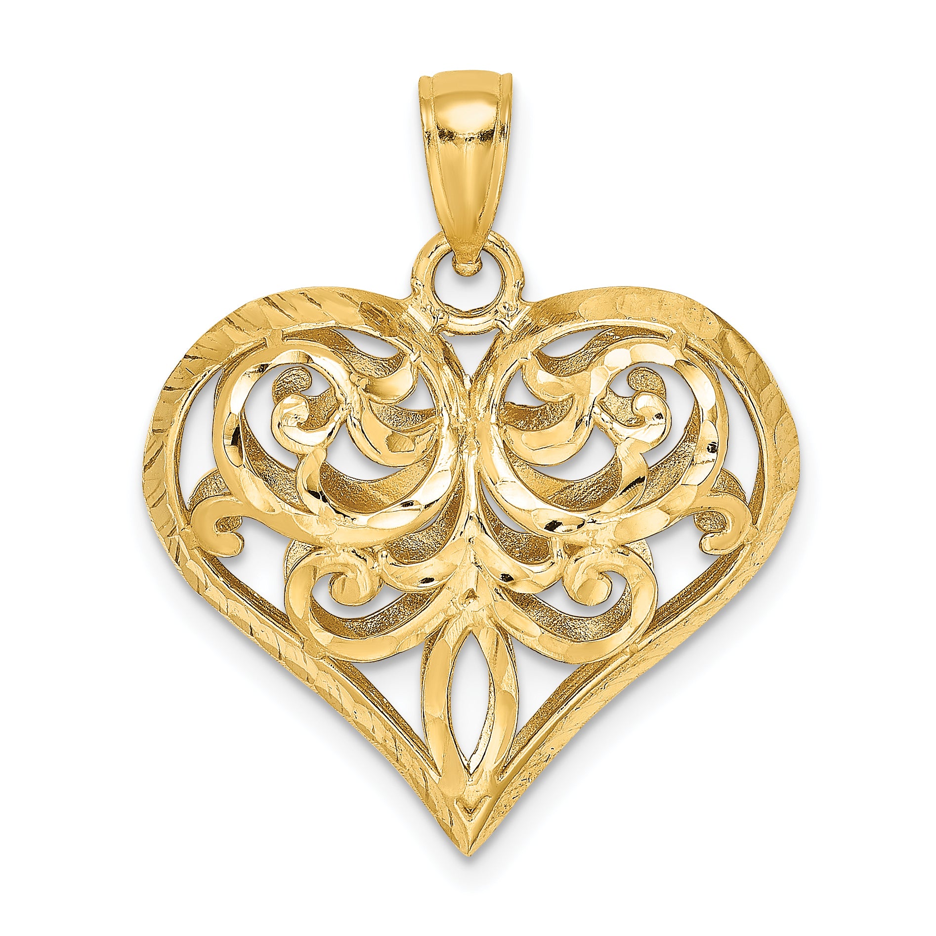 14K 3-D Diamond-cut Filigree Puffed Heart Charm