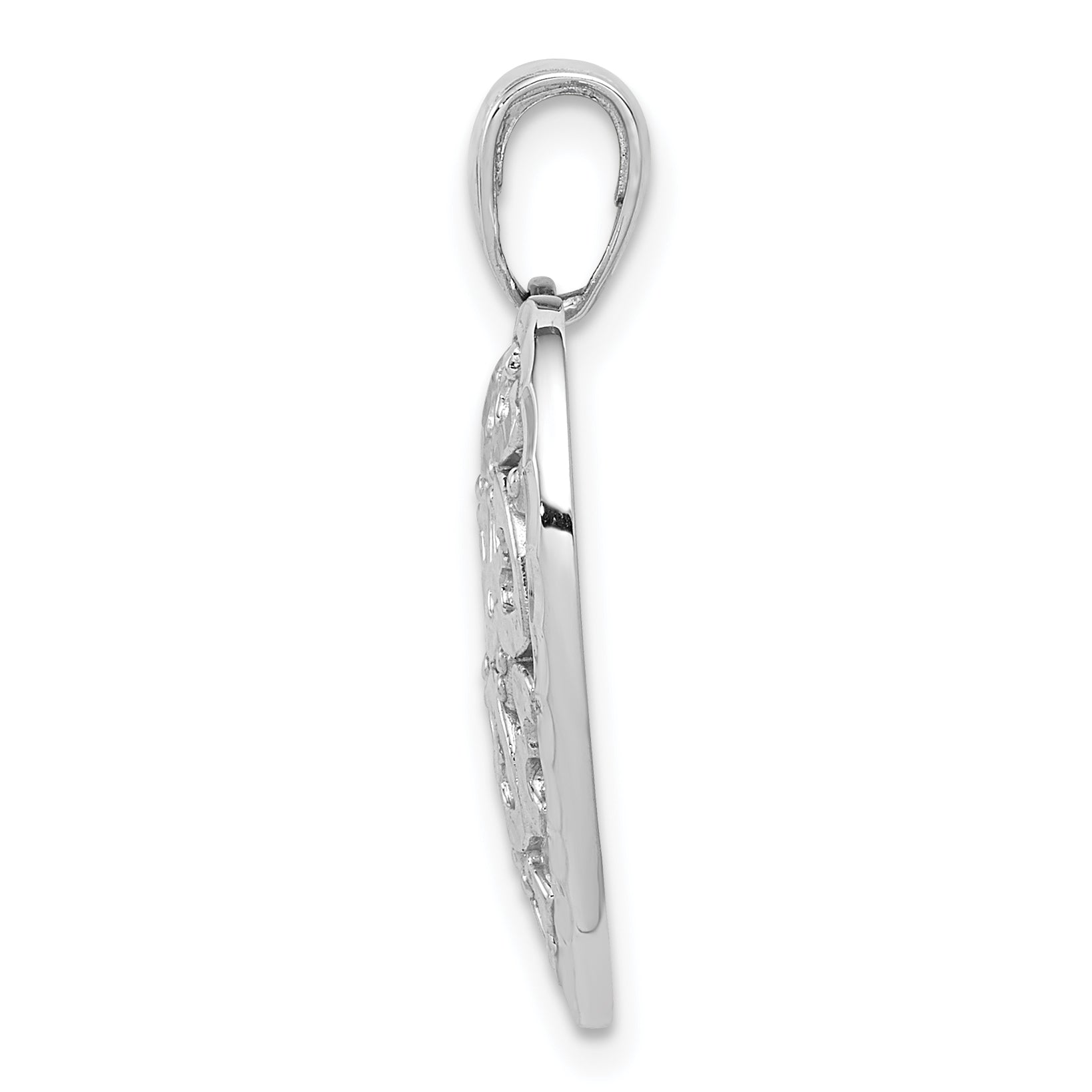 14K White Gold Diamond-cut Heart Pattern On Heart Charm