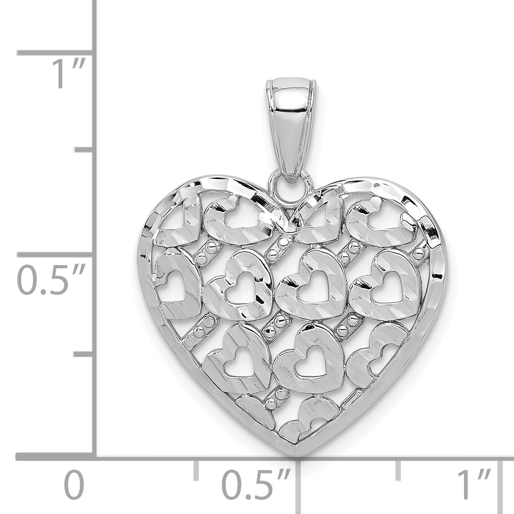 14K White Gold Diamond-cut Heart Pattern On Heart Charm