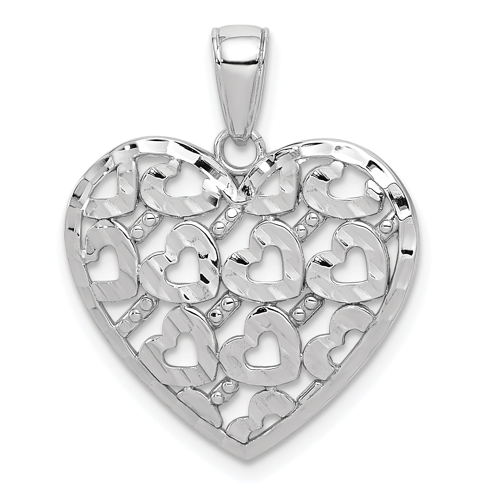 14K White Gold Diamond-cut Heart Pattern On Heart Charm
