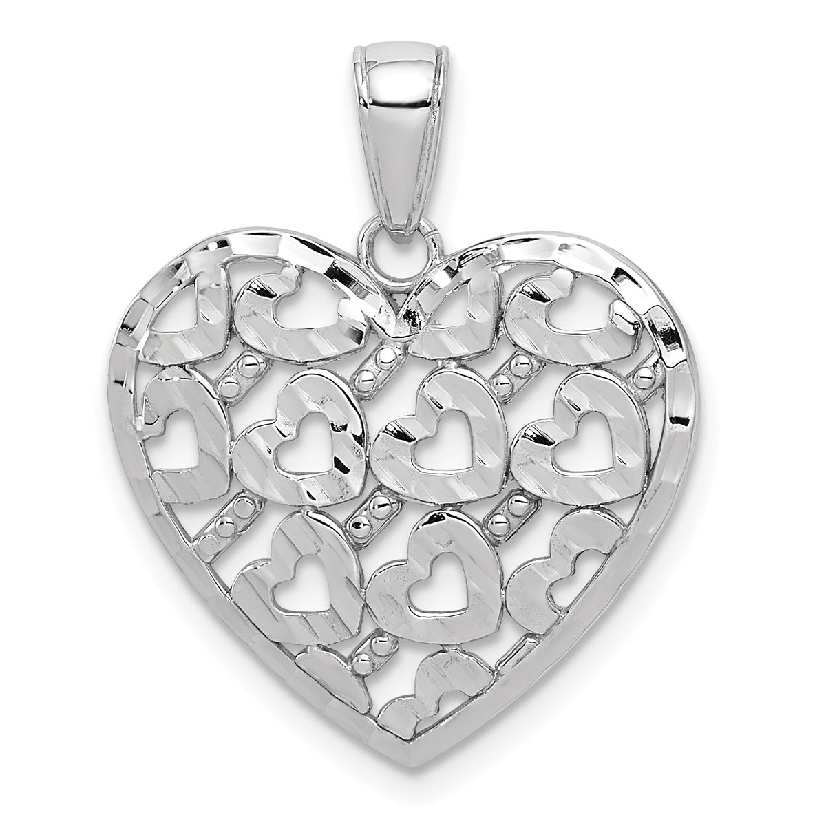 14K White Gold Diamond-cut Heart Pattern On Heart Charm