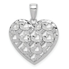 14K White Gold Diamond-cut Heart Pattern On Heart Charm