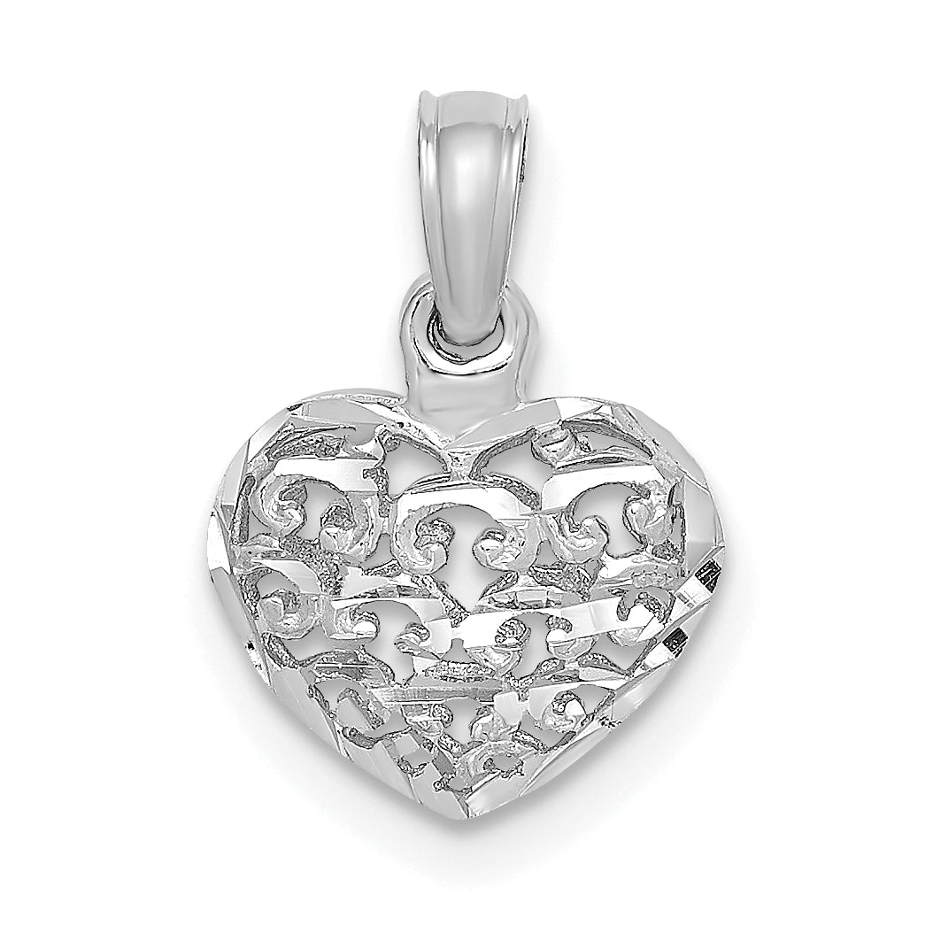 14K White Gold 3-D Diamond-cut Mini Puffed Heart Charm Main image