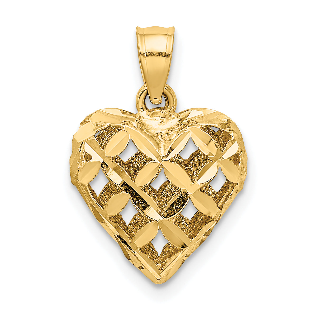 14K 3-D Diamond-cut Filigree Puffed Heart Charm
