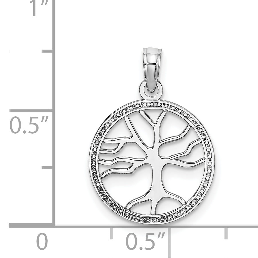 14K White Gold Small Tree of Life In Round Frame Charm