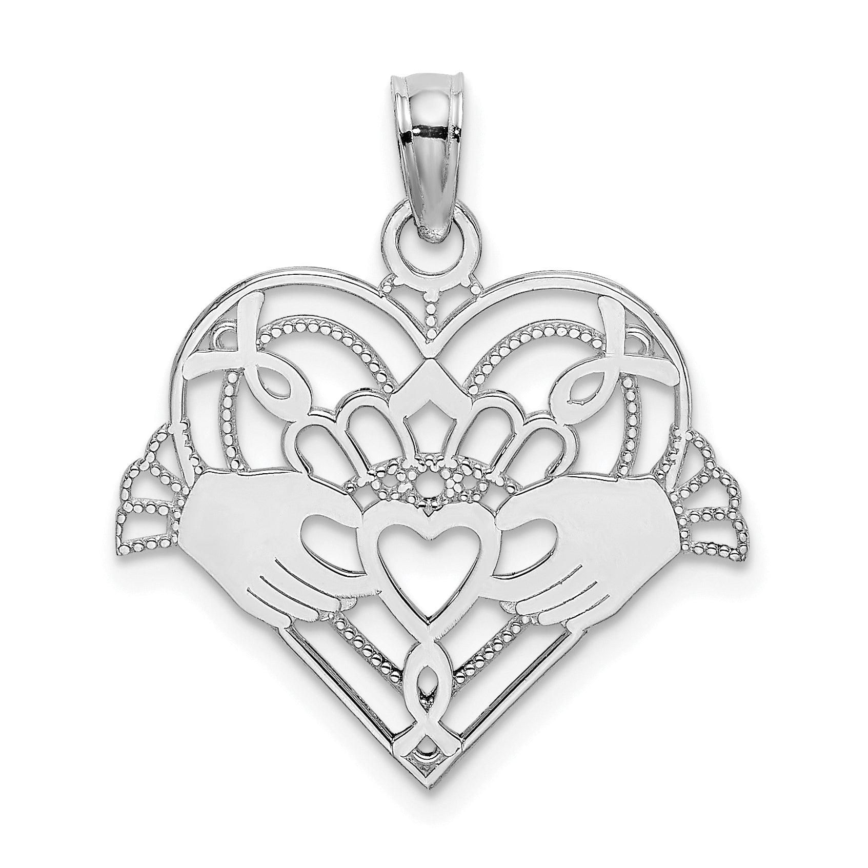 14K White Gold Polished and Beaded Claddagh In Heart Charm Main image