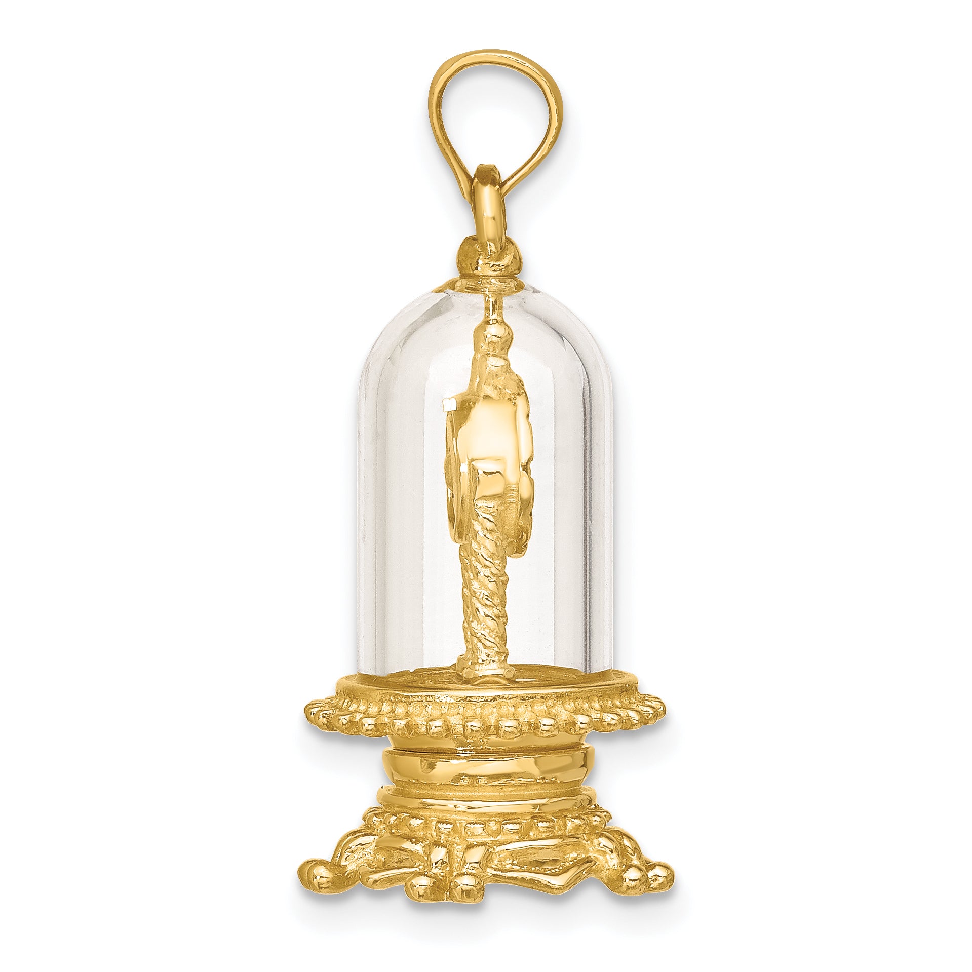 14K w/ Enamel 3-D Moveable Clock In Glass Dome Charm