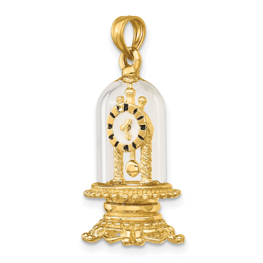 14K w/ Enamel 3-D Moveable Clock In Glass Dome Charm