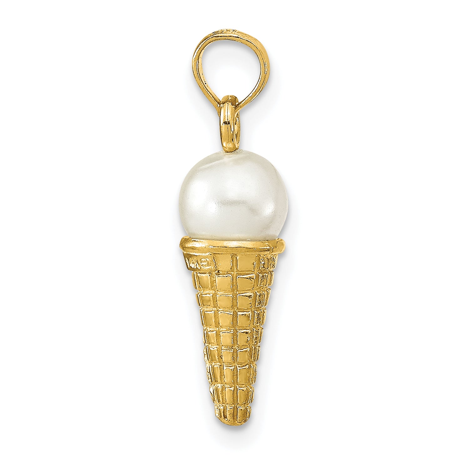 14K Satin Polished 3-D White Bead Ice Cream Cone Pendant Main image