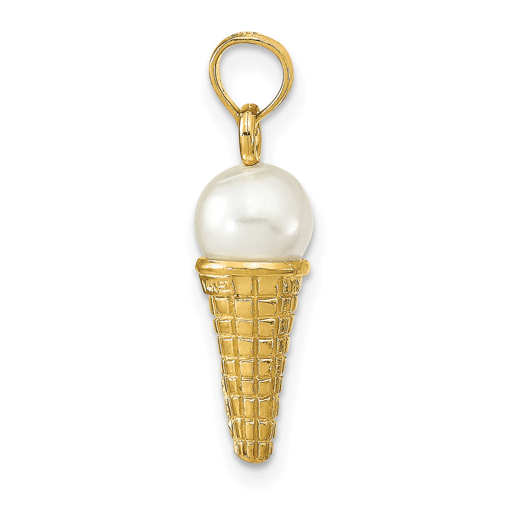 14K Satin Polished 3-D White Bead Ice Cream Cone Pendant