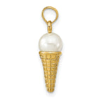 14K Satin Polished 3-D White Bead Ice Cream Cone Pendant