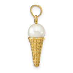 14K Satin Polished 3D  White Bead Ice Cream Cone Pendant