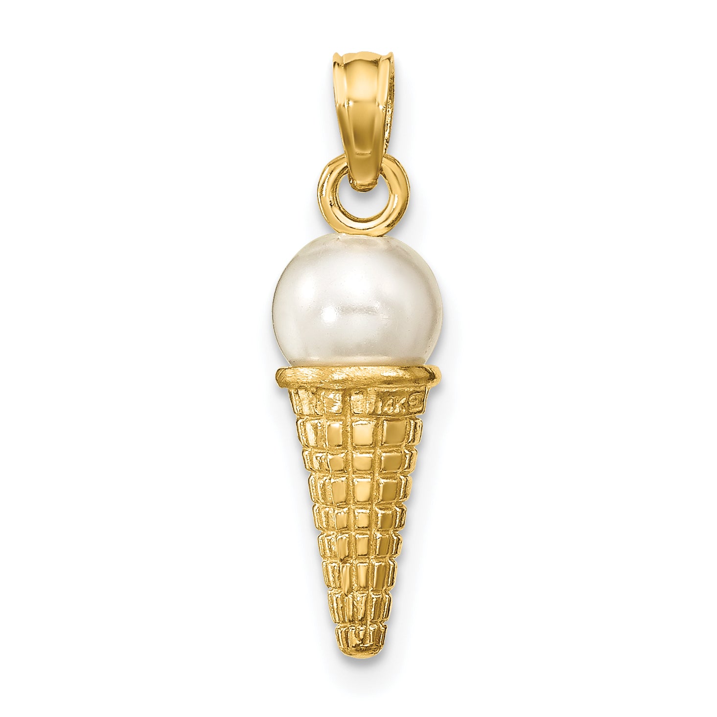 14K Satin Polished 3-D White Bead Ice Cream Cone Pendant Secondary image