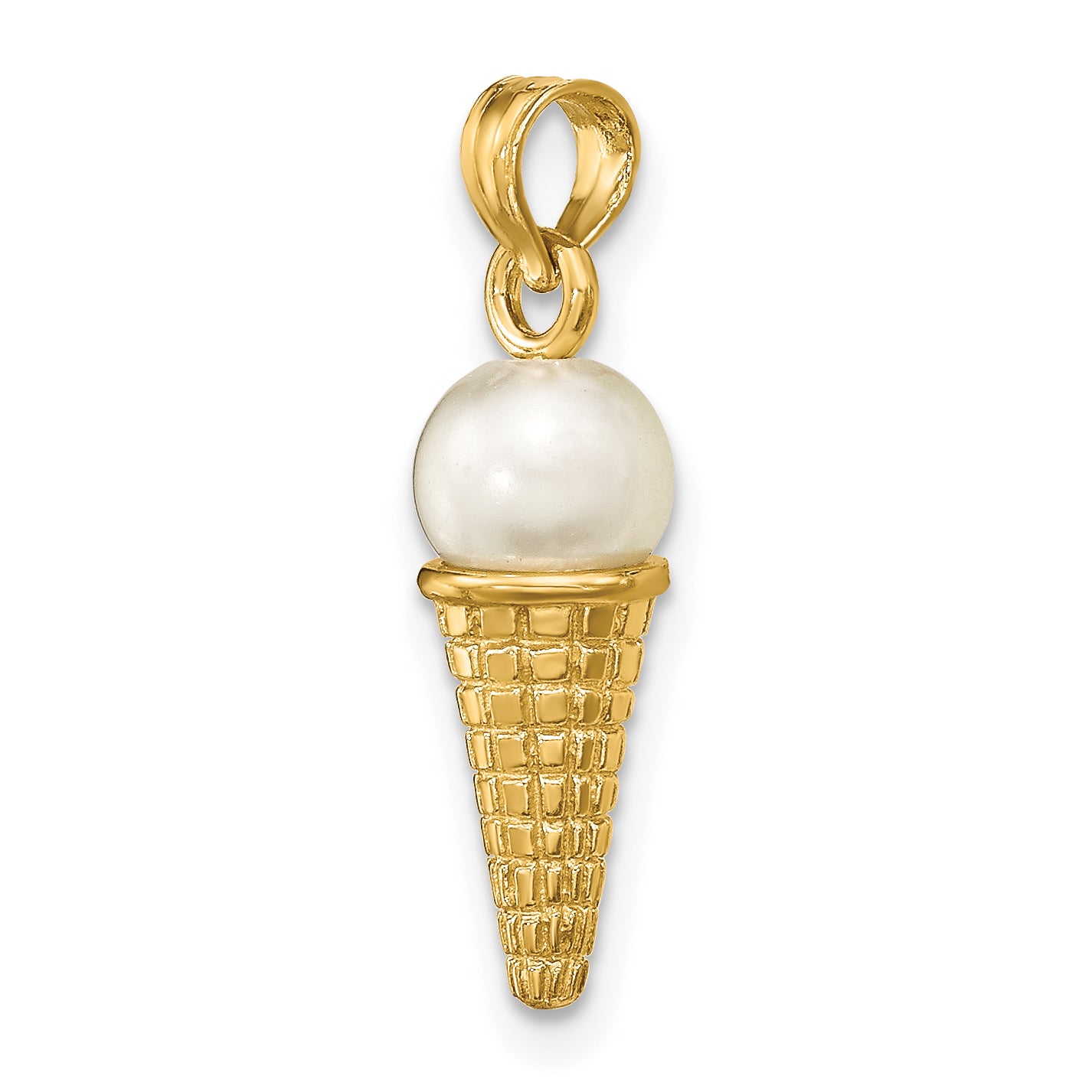 14K Satin Polished 3D  White Bead Ice Cream Cone Pendant