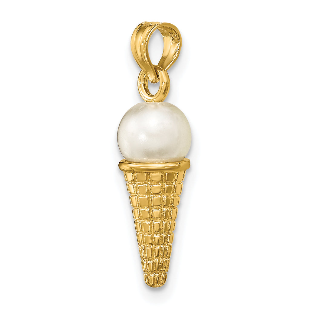 14K Satin Polished 3-D White Bead Ice Cream Cone Pendant