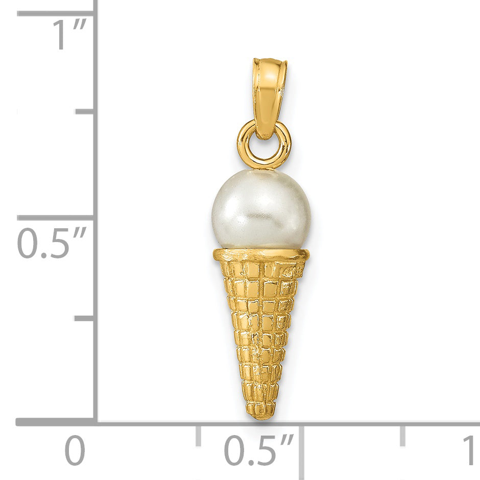 14K Satin Polished 3D  White Bead Ice Cream Cone Pendant