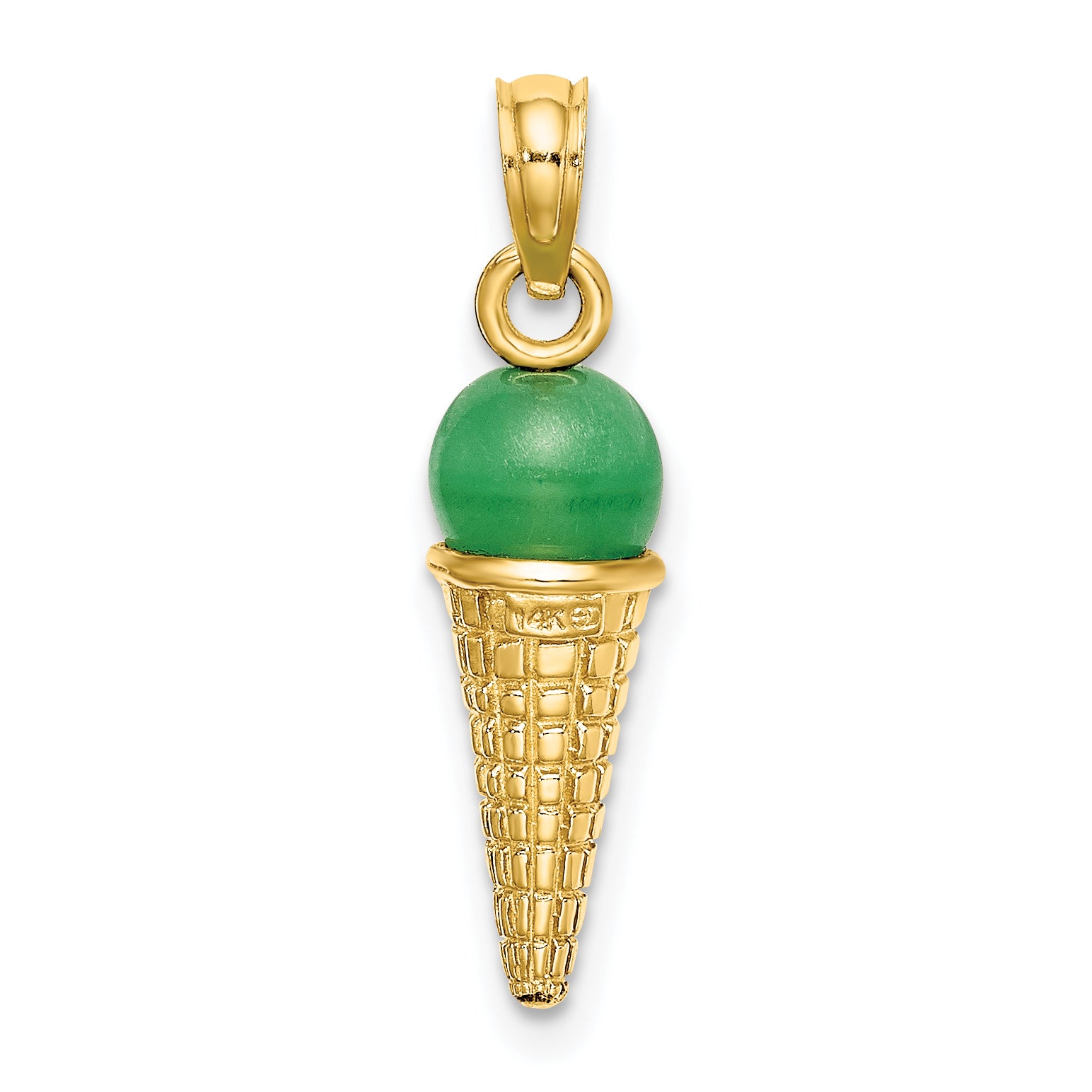 14K Satin Polished 3D  Green Bead Ice Cream Cone Pendant