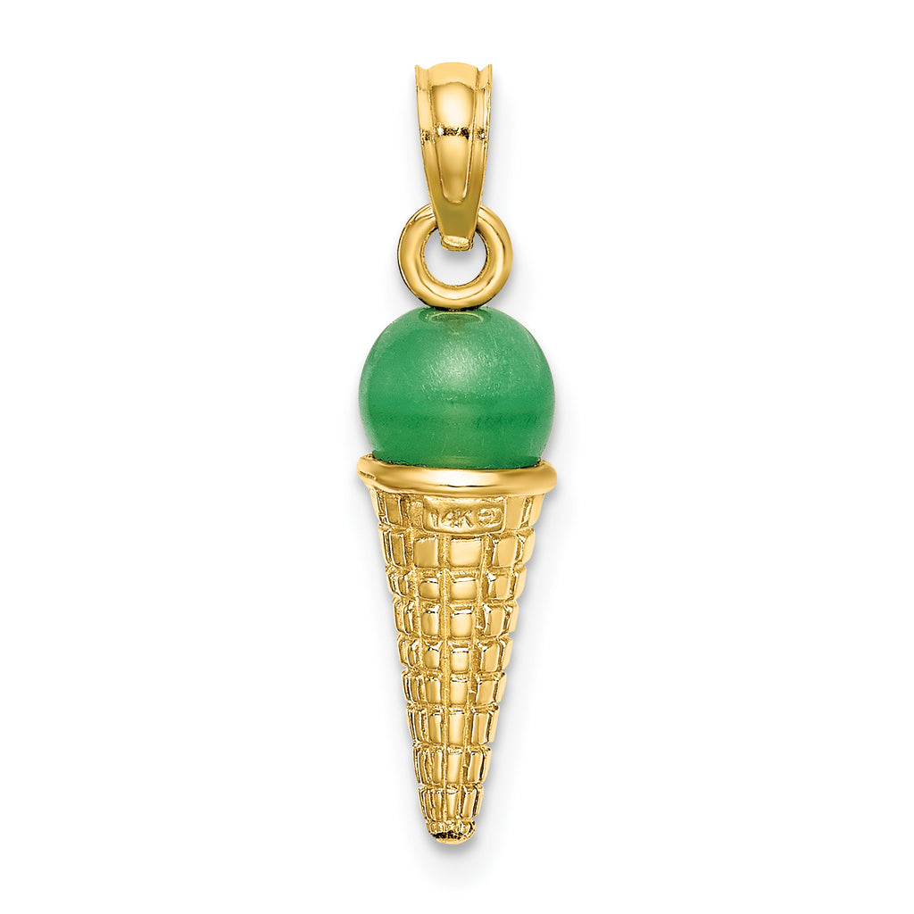 14K Satin Polished 3D  Green Bead Ice Cream Cone Pendant